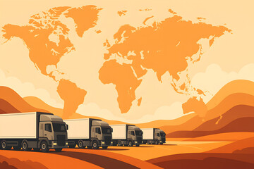 Illustrated convoy of cargo trucks driving through stylized landscape with global world map above symbolizing international logistics, freight transport and delivery network
