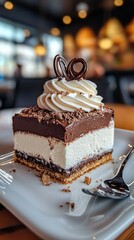 Indulge in this luscious cake slice layered with rich chocolate, creamy filling, and topped with a delightful swirl of whipped cream and chocolate shavings for that perfect dessert bite.