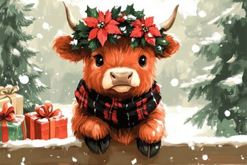 This delightful illustration features an adorable Highland cow adorned with holiday decorations, bringing warmth and charm to a snowy winter scene filled with gifts.