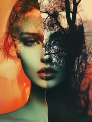 A striking artistic portrait merges a woman's face with intertwined tree branches, capturing the blend of human beauty and the essence of nature in a surreal, mystical representation.