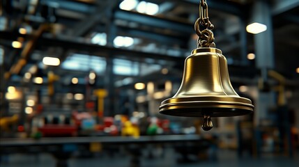 A close-up image of a brass bell dangling in a bustling factory, signifying time, alerts, and the essence of production, set against a dynamic, industrial backdrop.