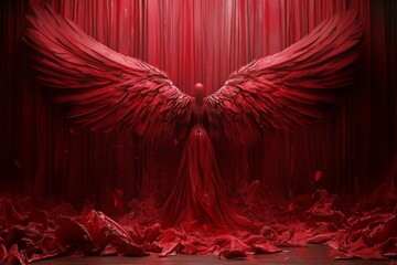 An ethereal figure with grand red wings stands eerily in a dramatic setting, draped in lush fabrics, portraying themes of power, beauty, and the blend of fashion with fantasy.