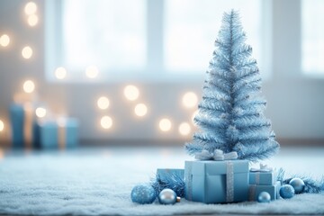 This delightful image features a beautifully decorated blue Christmas tree surrounded by gifts, radiating festive joy and seasonal spirit in a cozy indoor setting.