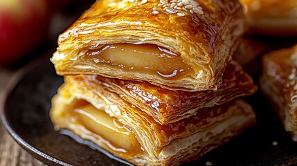This mouthwatering image features a stack of freshly baked apple strudel pastries, glistening with caramelization, evoking warmth, comfort, and a homely atmosphere.