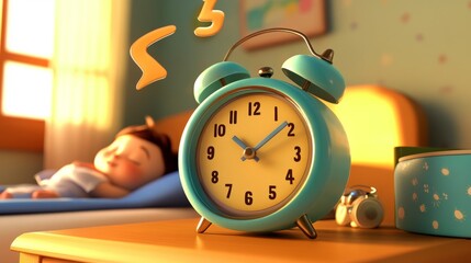 A vintage-style blue alarm clock captures the essence of peaceful mornings, with a sleeping child in the background, illustrating the joy of restful sleep and bedtime routines.