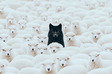 A striking image showcasing a solitary black wolf standing confidently among a flock of white sheep, symbolizing individuality, strength, and the beauty of nature&rsquo;s contrasts.