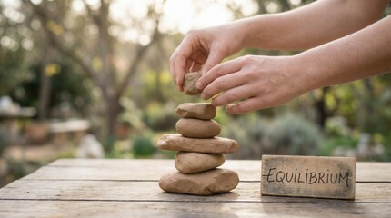 Hands stacking clay stones on table with equilibrium sign outdoors