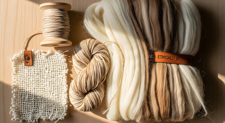 An overhead shot showcases various textile elements, including yarn, a wooden spool, and a woven swatch, all arranged on a wooden surface.