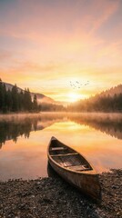 Wooden canoe on misty mountain lake at sunrise with golden sky