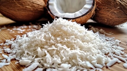A visually appealing setup featuring fresh coconuts and shredded coconut, showcasing the abundant flavors of nature and inviting culinary creativity in food presentations.