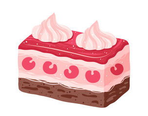 Piece of Cake with sponge cake, cream and cherries texture illustration. Sweet holiday bakery pie art. Vector hand drawn cartoon design for menus, signboards, showcases prints, posters, wallpaper