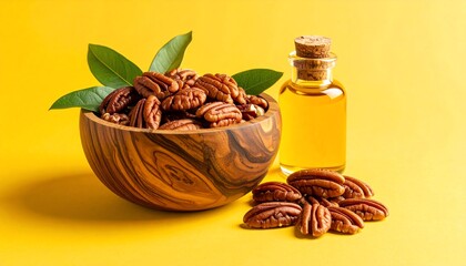 Composition featuring pecans, a wooden bowl, oil bottle and leaves, on a vivid yellow backdrop