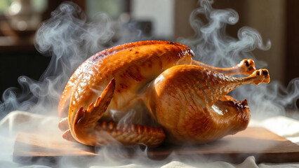 A perfectly roasted whole turkey resting on a wooden cutting board, with steam rising from the golden crispy skin. The dish is garnished with fresh rosemary sprigs and orange slices, creating a warm a