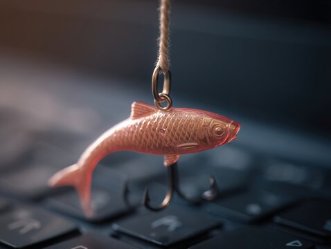 conceptual phishing attack with fish hook and keyboard - Powered by Adobe