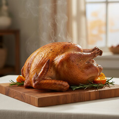 A perfectly roasted whole turkey resting on a wooden cutting board, with steam rising from the golden crispy skin. The dish is garnished with fresh rosemary sprigs and orange slices, creating a warm a