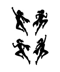 Superhero women silhouette illustration set. Simple icon with woman in cape with super powers.