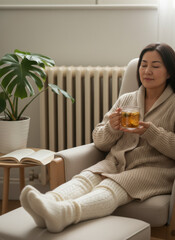 A relaxed woman enjoys a soothing cup of tea while wrapped in calm and cozy comfort