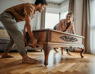 Młodzi ludzie przenoszą ciężki, drewniany stół. Przeprowadzka, urządzanie wnętrza, meblowanie, pomoc przyjaciół w przeprowadzce