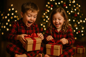 A couple of children unwrapping their Christmas presents