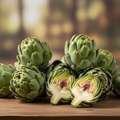 Fototapeta premium Fresh green globe artichokes, some cut to reveal tender hearts and leaves, on a rustic wooden surface, promoting healthy eating