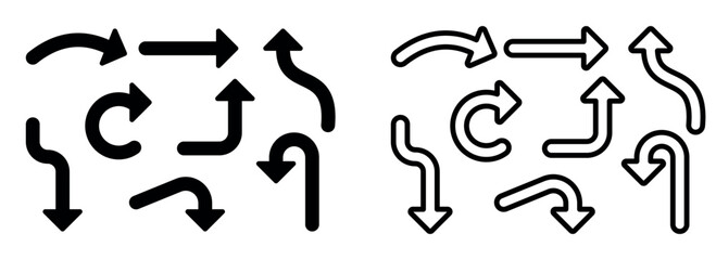 Arrow icon set featuring curved, straight, looped and directional arrows in clean minimal style. Versatile design elements for interfaces, navigation, UI UX projects, infographics, graphic design use