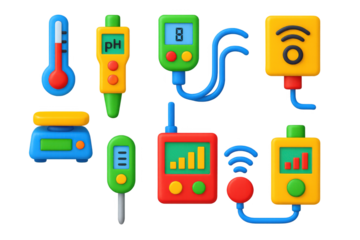 Collection of various electronic devices, including a thermometer, a scale