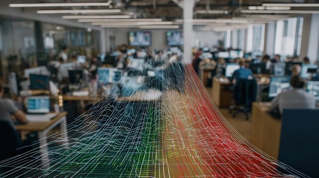 Medium shot showing AIpowered pattern recognition analyzing call dynamics to detect trends and improve communication strategies in a busy office.