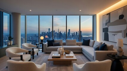 Luxurious modern high-rise living room with panoramic city skyline views at sunset, showcasing elegant contemporary design and comfortable, upscale furnishings