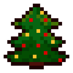 Pixel christmas tree in retro 8 bit style with red and gold lights. Festive winter evergreen icon for games, stickers, greeting cards, new year prints and cozy holiday projects.