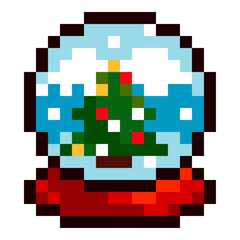Pixel snow globe with christmas tree and falling snow in retro 8 bit style. Cozy winter holiday symbol for christmas and new year themes, games, stickers, greeting cards and seasonal prints.