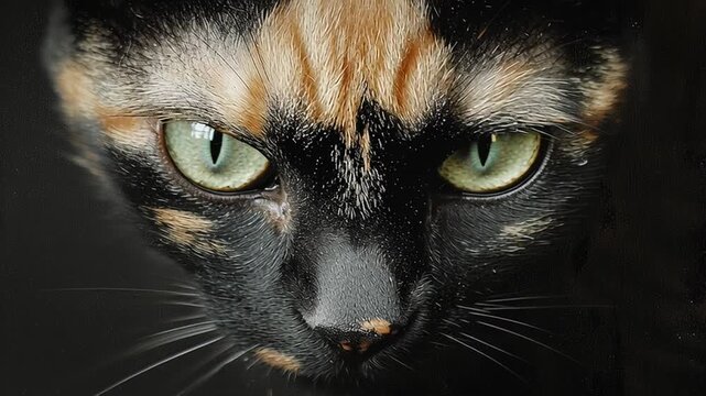 Close-up of a calico cat's intense gaze, showcasing intricate fur patterns and vibrant eyes, as the camera slowly zooms in for dramatic effect