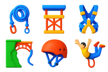 Set of six cartoonish images of various sports equipment, including a rope