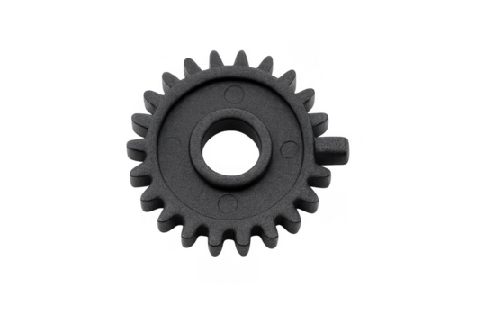 Black plastic gear cog mechanism component on transparent background