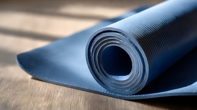 Rolled Yoga Mat: The serene scene of a blue yoga mat rolled up on a textured wooden surface. Capturing tranquility and health.
