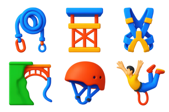 Set of six cartoonish images of various sports equipment, including a rope