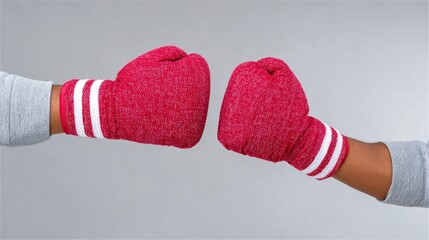 Playful Punch Two Hands in Red Knit Boxing Gloves Ready for a Friendly Match, Isolated on Gray Backdrop