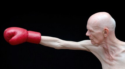 Determined Senior Boxer Throwing a Punch with Red Boxing Glove Against Black Background, Promoting Fight