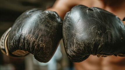Worn Black Leather Boxing Gloves Ready for a Fight A Symbol of Strength and Determination. Studio Shot