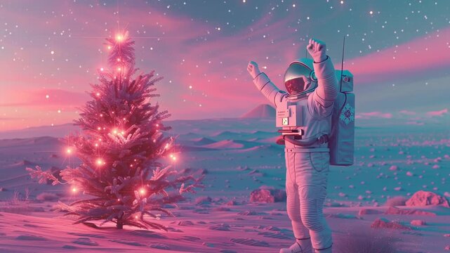 Astronaut joyfully raising arms and dancing beside a glowing Christmas tree on an alien landscape, creating a magical festive scene perfect for branding and holiday storytelling.