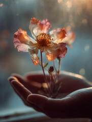 Fototapeta premium Gentle hands cradle a delicate flower under soft light at dusk