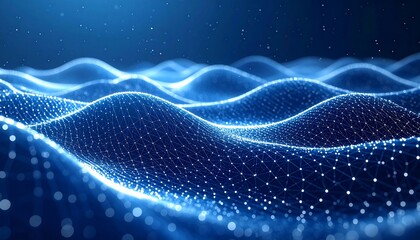 Abstract digital network landscape, connected dots, glowing waves, futuristic blue background
