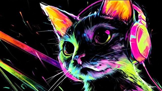 Colorful illustration of a cat wearing headphones with vivid neon design