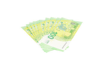 Fan of 100 euro banknotes arranged on a plain transparent background, showing the green tones and security details of the bills.