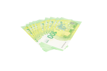 Fan of 100 euro banknotes arranged on a plain transparent background, showing the green tones and security details of the bills.