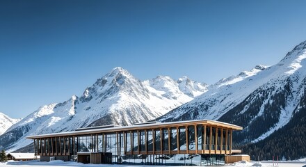 Modern architectural conference venue nestled in snowy alpine mountains under a clear blue sky for global economic forum concept and winter business events