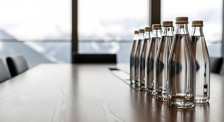 Glass water bottles lined up on a professional conference table in a modern meeting room for Davos economic forum concept and global business dialogue