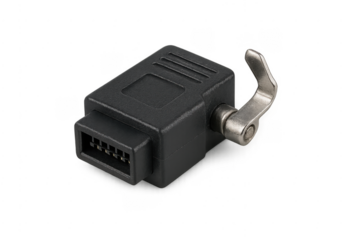 Black electronic adapter plug with latch mechanism on transparent background