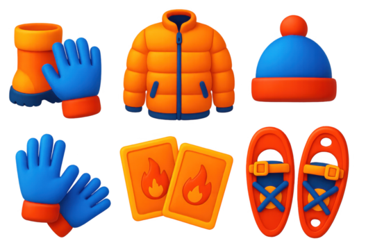 Set of cartoon characters wearing winter gear and accessories