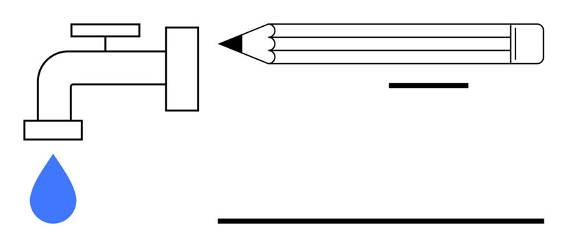 Faucet with blue drop and pencil paired with simple lines evoke themes of creativity, resource management, art, writing, innovation, and sustainability. Ideal for education, environment, design