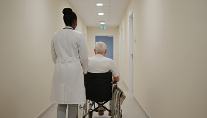 A healthcare professional gently pushes an elderly patient in a wheelchair through a quiet medical hallway